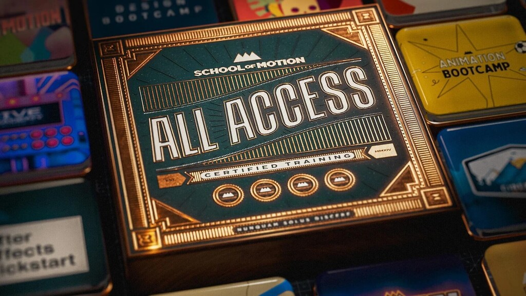 School of Motion All-Access keepsake surrounded by course keepsakes