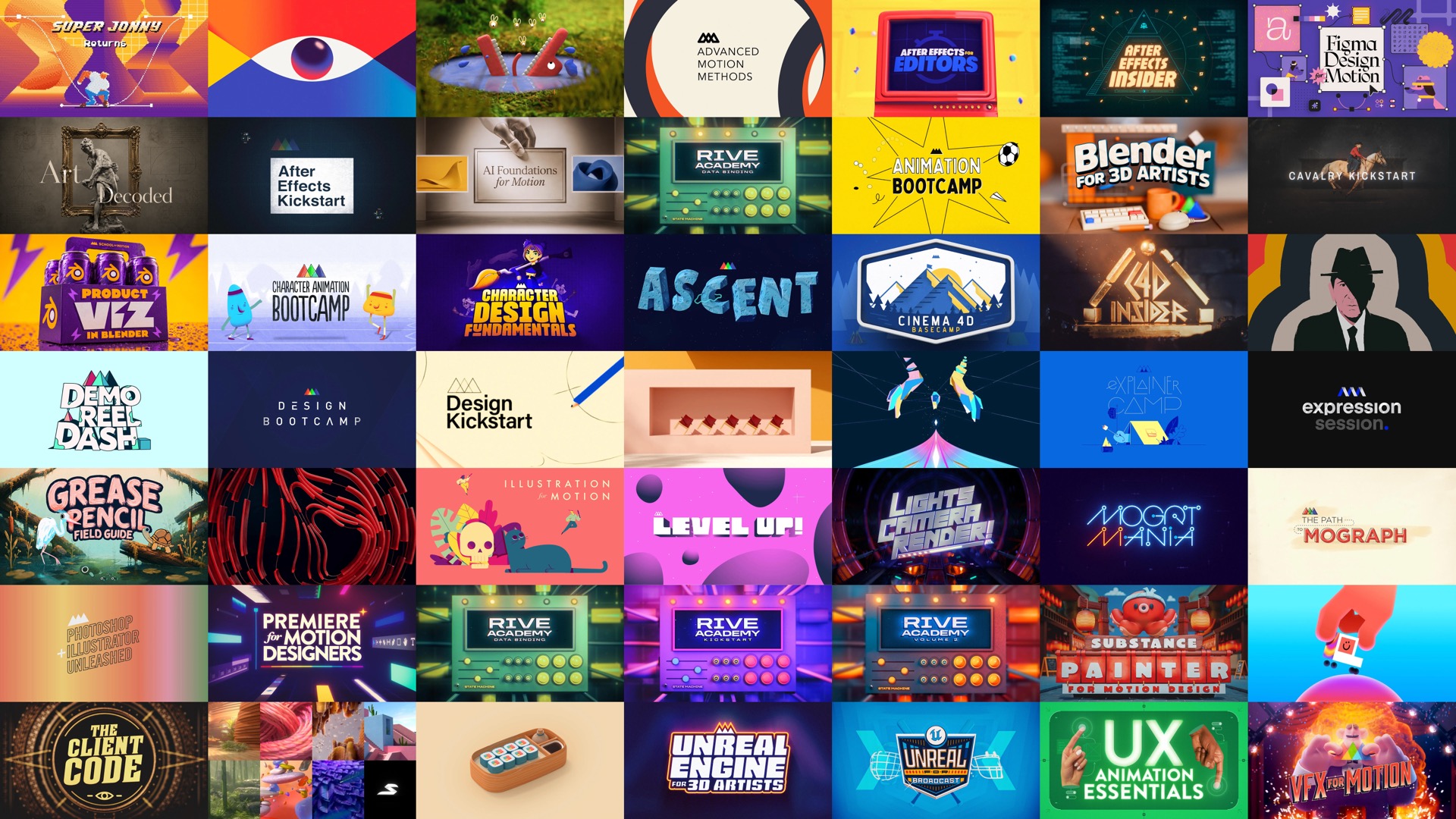 Collage of School of Motion course thumbnails